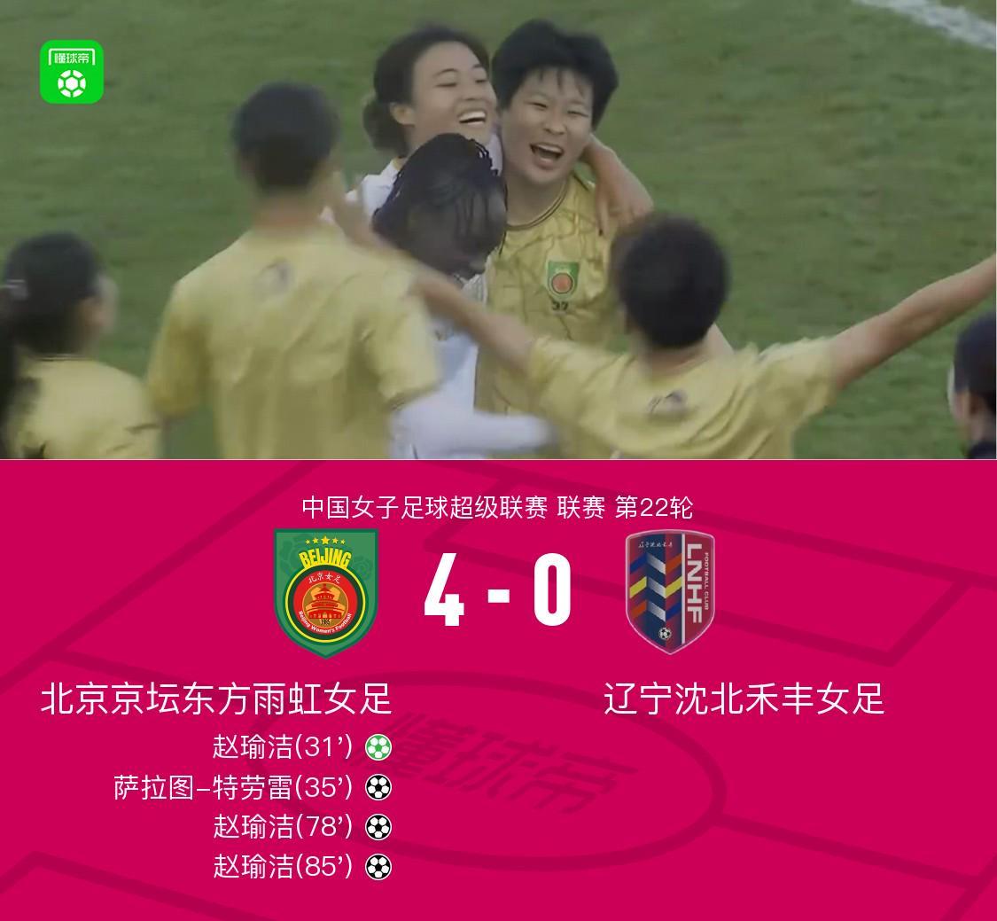 北京女足4-0遼寧女足奪得女超聯(lián)賽冠軍！趙瑜潔戴帽